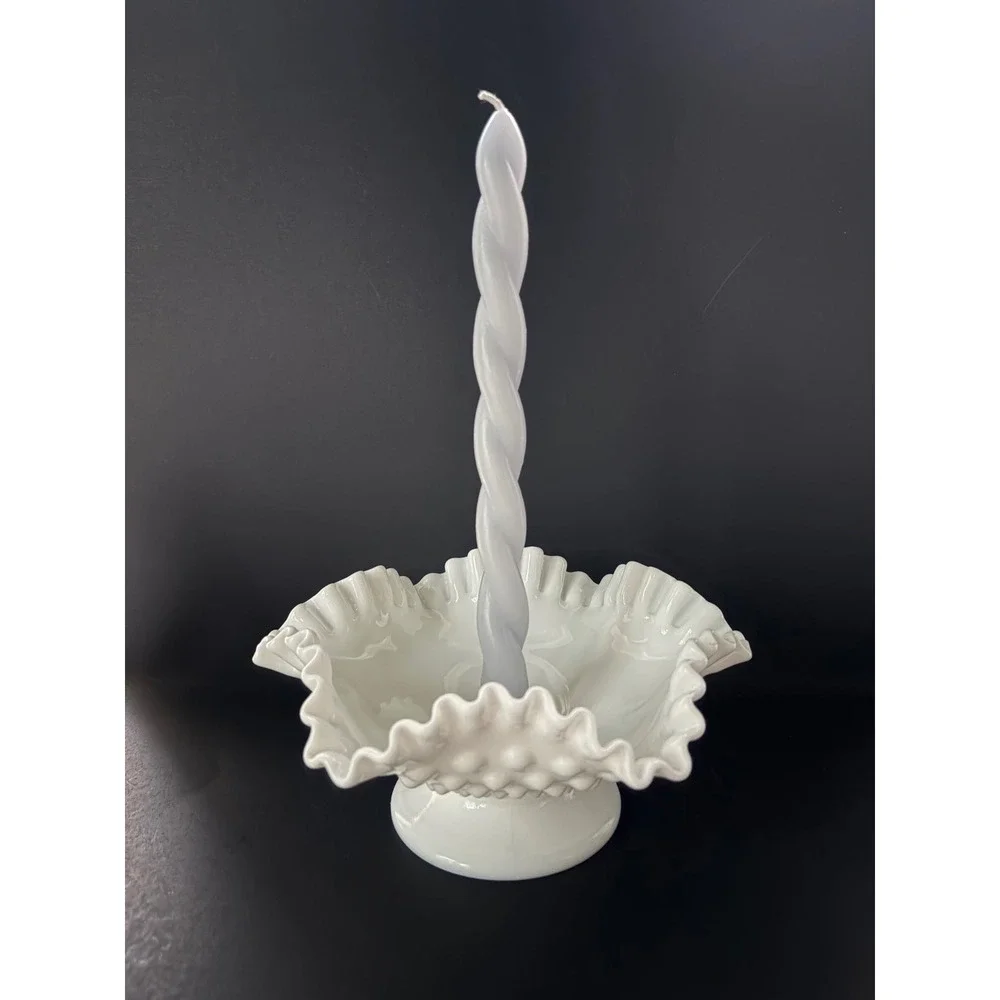 Fenton Hobnail | White Milk Glass | Ruffled Pedestal Candle Holder | Centerpiece